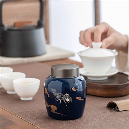 日式霁蓝陶瓷茶叶罐 钛合金盖茶仓旅行茶叶罐 带包装盒密封罐家用