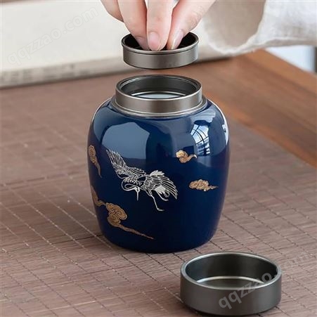 日式霁蓝陶瓷茶叶罐 钛合金盖茶仓旅行茶叶罐 带包装盒密封罐家用