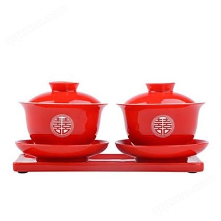 陶瓷敬茶杯盖碗 红色双喜三才盖碗 改口茶杯茶具套装定制