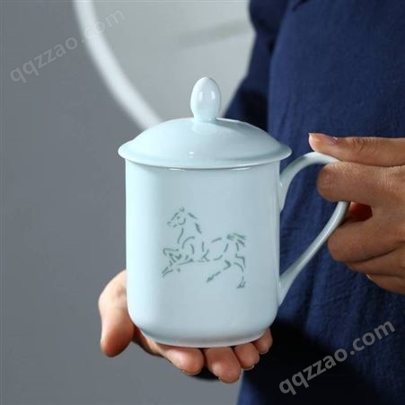 影青瓷陶瓷水杯 十二生肖玲珑茶杯个性情侣杯子 带盖办公室送泡茶杯子