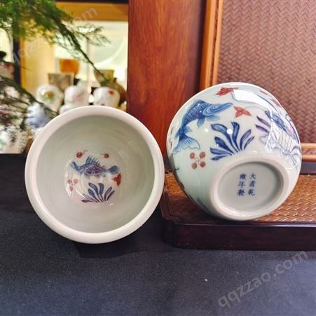 青花仿古 釉里红缸杯 家用陶瓷茶具 亮丽陶瓷