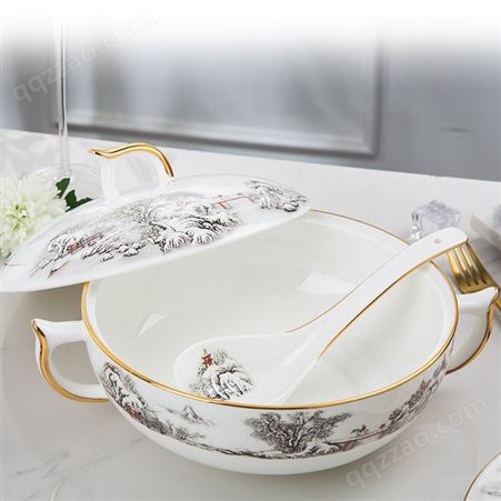 金边骨瓷套装餐具 家用轻奢现代中式碗盘碟组合 高档陶瓷礼品