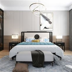 新中式主卧婚床轻奢床 禅意风现代简约样板房设计 卧室1.8米实木双人床定制